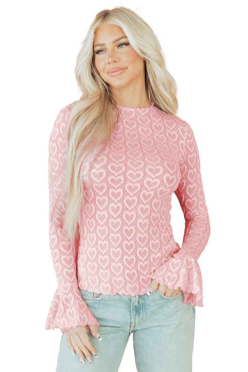 Heart Jacquard Mock Neck Flare Sleeve Fitted Top