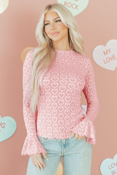Heart Jacquard Mock Neck Flare Sleeve Fitted Top