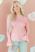 Heart Jacquard Mock Neck Flare Sleeve Fitted Top
