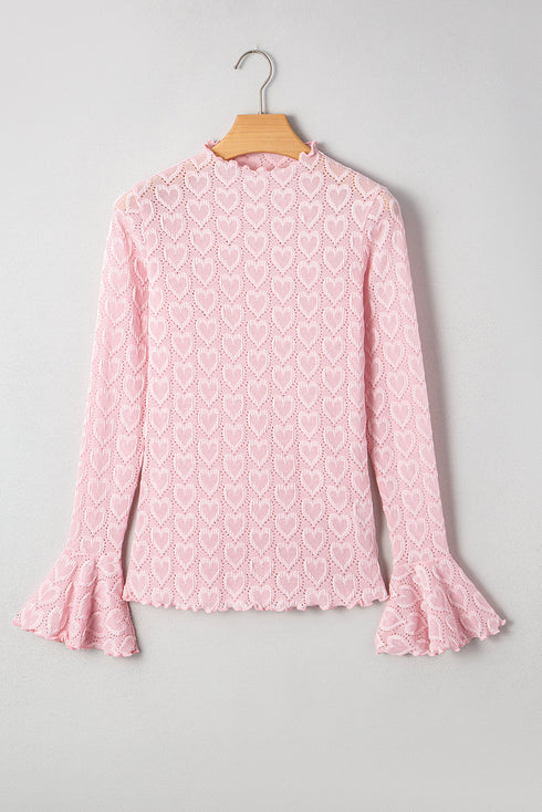 Heart Jacquard Mock Neck Flare Sleeve Fitted Top