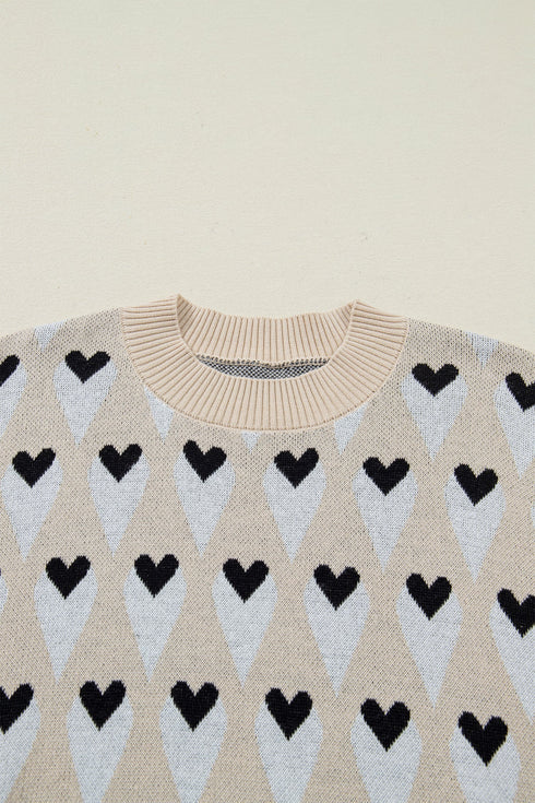 Heart Motif Argyle Crew Neck Pullover Sweater