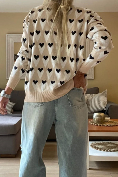 Heart Motif Argyle Crew Neck Pullover Sweater