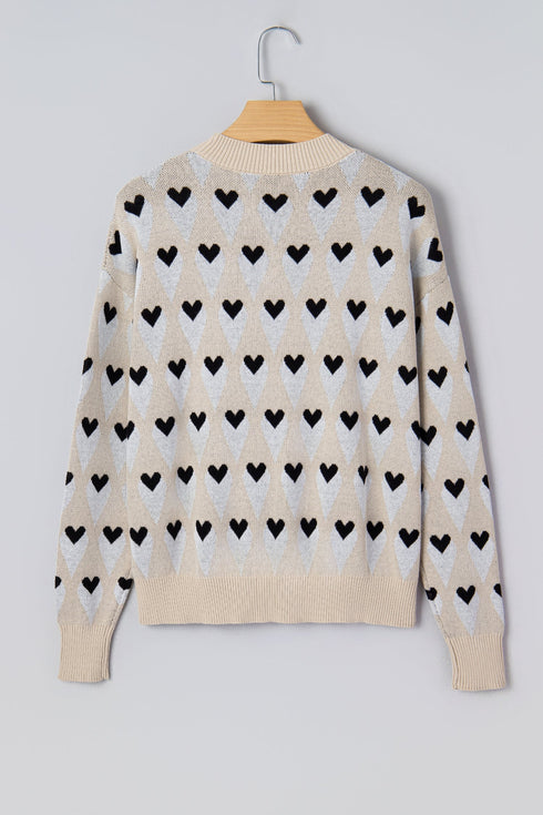 Heart Motif Argyle Crew Neck Pullover Sweater