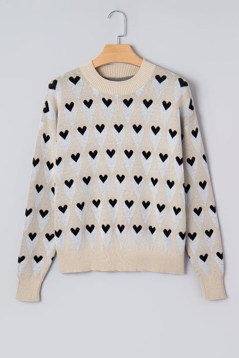 Heart Motif Argyle Crew Neck Pullover Sweater