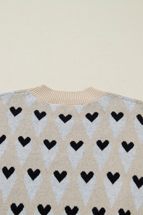 Heart Motif Argyle Crew Neck Pullover Sweater
