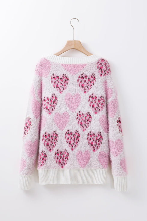 Heart Motif Leopard Print Pearl Accent Fuzzy Sweater