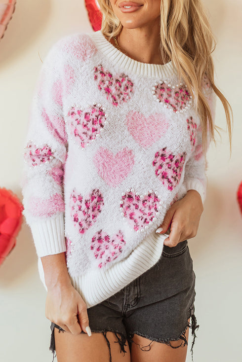 Heart Motif Leopard Print Pearl Accent Fuzzy Sweater