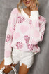 Heart Motif Leopard Print Pearl Accent Fuzzy Sweater