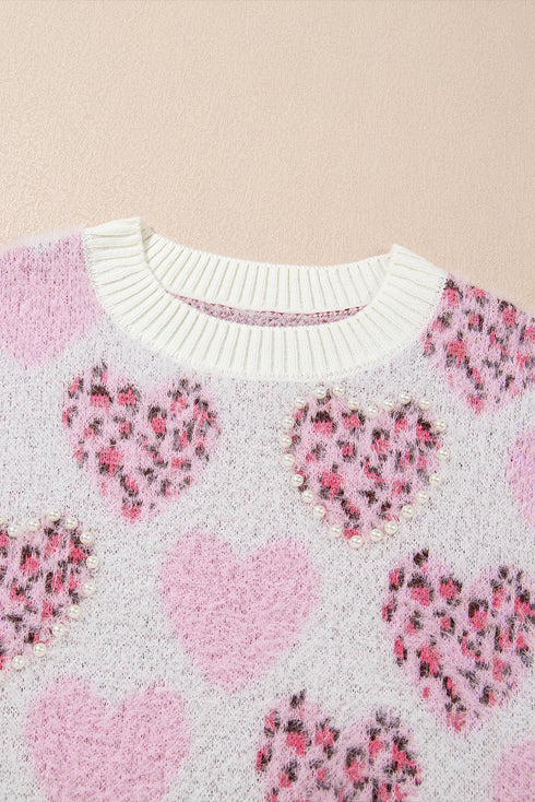 Heart Motif Leopard Print Pearl Accent Fuzzy Sweater