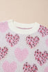 Heart Motif Leopard Print Pearl Accent Fuzzy Sweater
