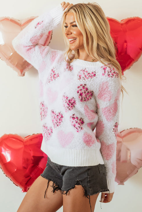 Heart Motif Leopard Print Pearl Accent Fuzzy Sweater
