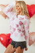 Heart Motif Leopard Print Pearl Accent Fuzzy Sweater