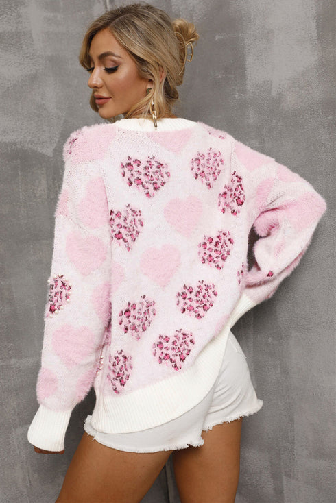 Heart Motif Leopard Print Pearl Accent Fuzzy Sweater
