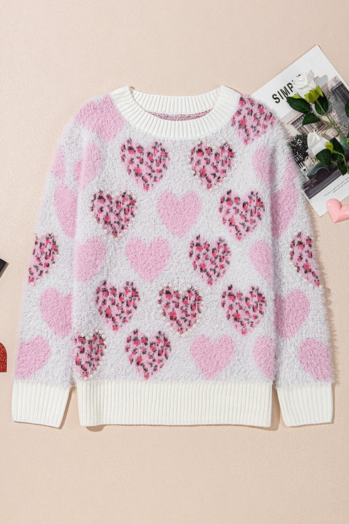 Heart Motif Leopard Print Pearl Accent Fuzzy Sweater