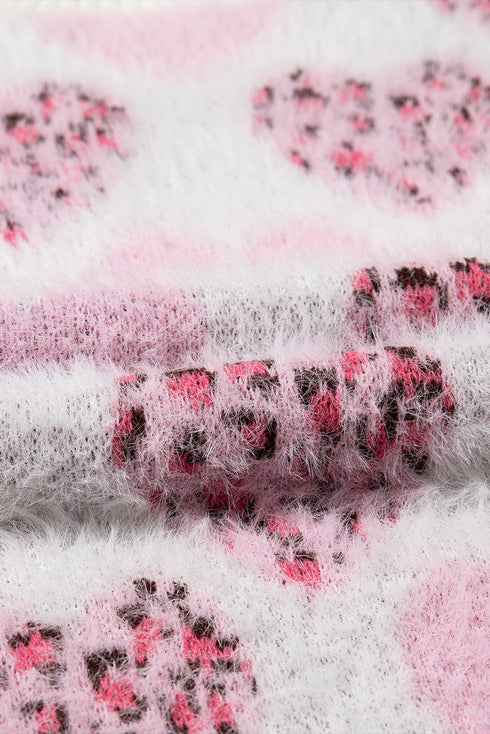 Heart Motif Leopard Print Pearl Accent Fuzzy Sweater