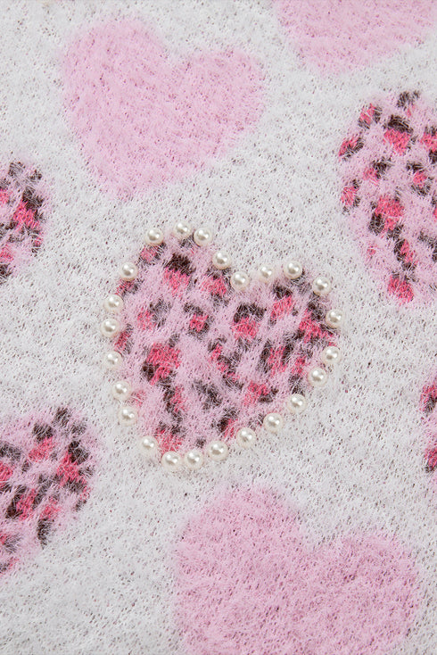 Heart Motif Leopard Print Pearl Accent Fuzzy Sweater