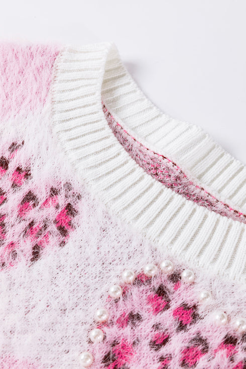 Heart Motif Leopard Print Pearl Accent Fuzzy Sweater