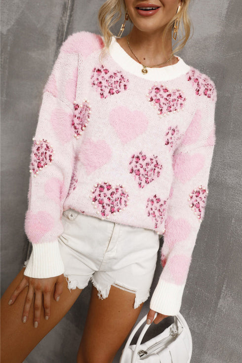Heart Motif Leopard Print Pearl Accent Fuzzy Sweater
