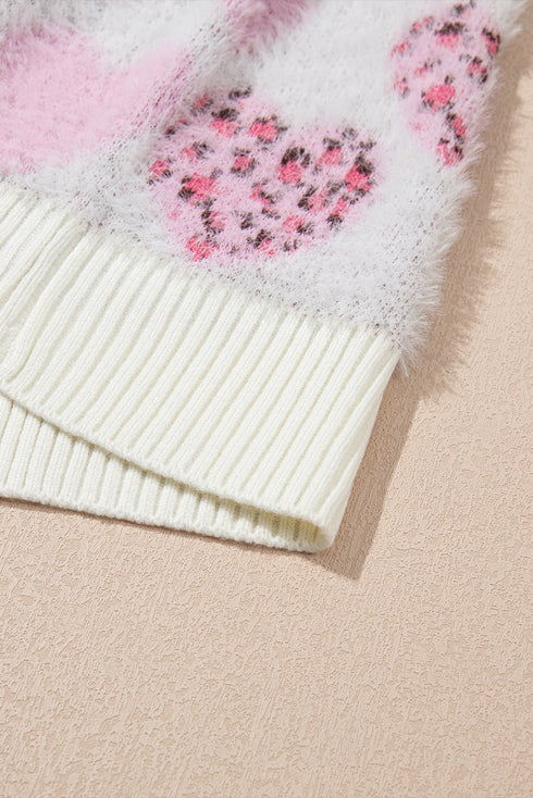 Heart Motif Leopard Print Pearl Accent Fuzzy Sweater