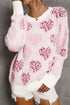 Heart Motif Leopard Print Pearl Accent Fuzzy Sweater