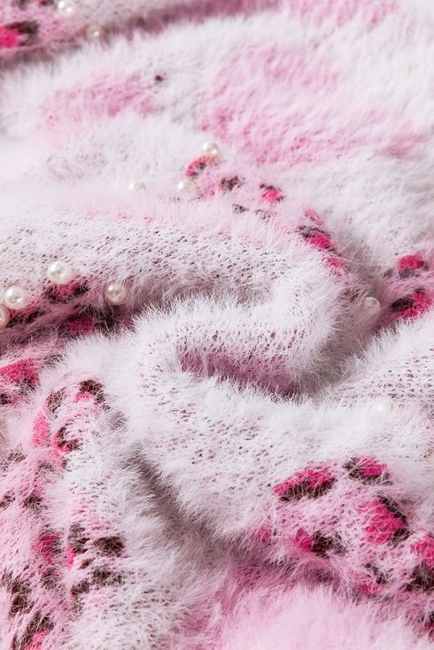 Heart Motif Leopard Print Pearl Accent Fuzzy Sweater