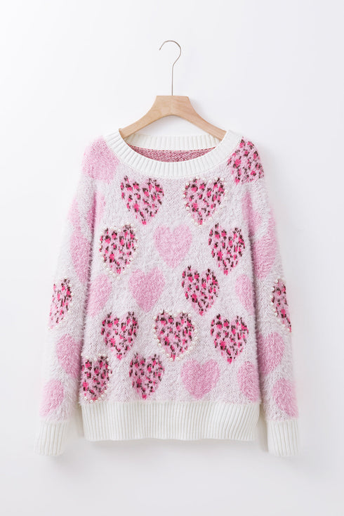 Heart Motif Leopard Print Pearl Accent Fuzzy Sweater