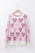 Heart Motif Leopard Print Pearl Accent Fuzzy Sweater