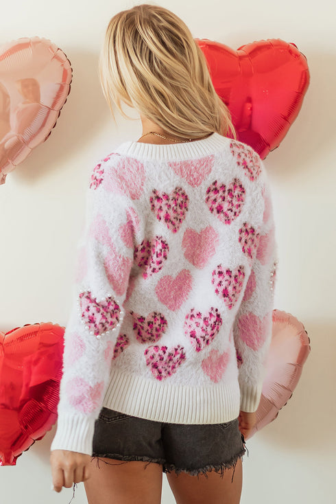 Heart Motif Leopard Print Pearl Accent Fuzzy Sweater