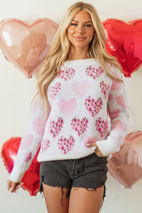 Heart Motif Leopard Print Pearl Accent Fuzzy Sweater