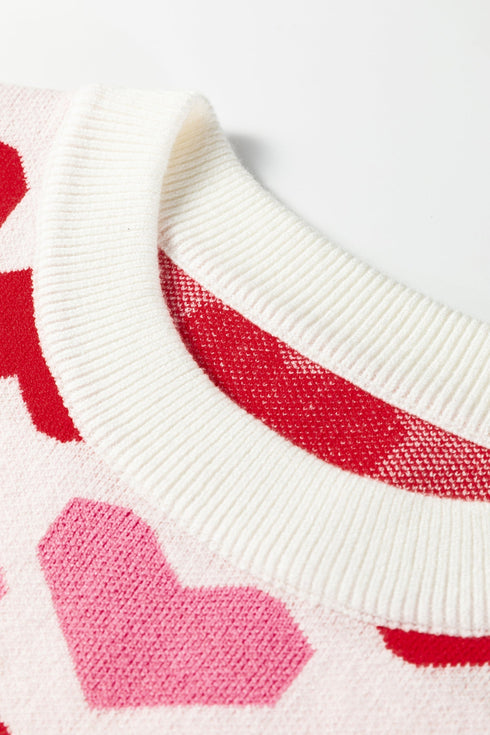 Heart Motif Short Sleeve Ribbed Knit Sweater