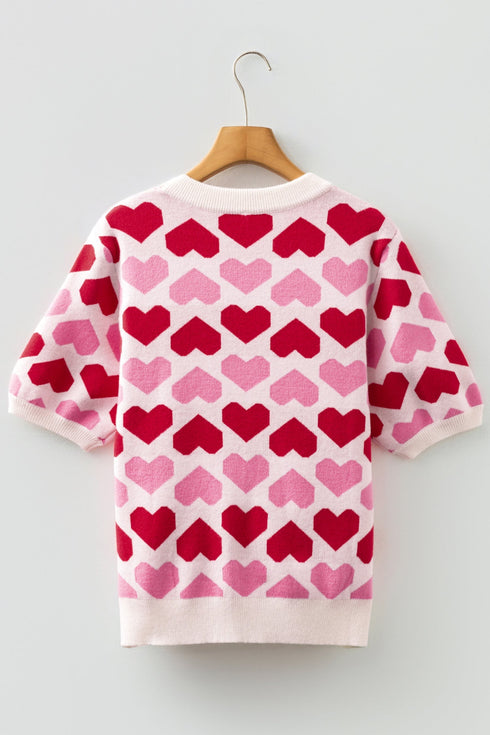 Heart Motif Short Sleeve Ribbed Knit Sweater