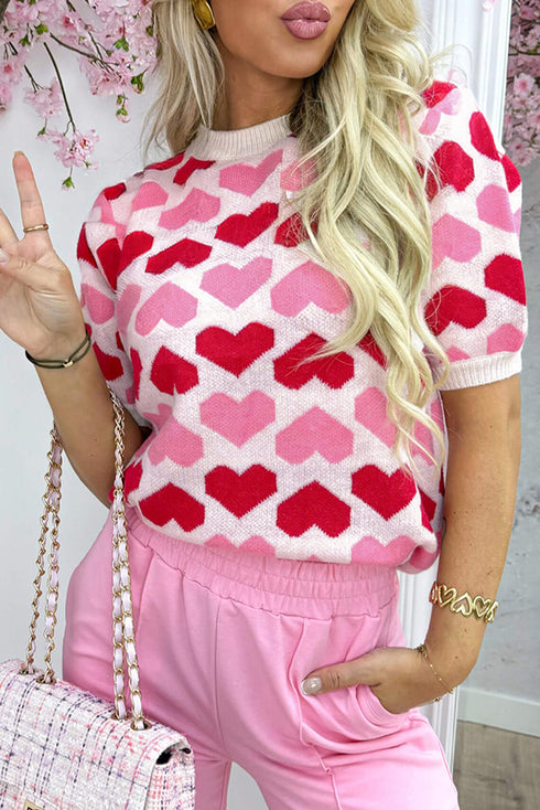 Heart Motif Short Sleeve Ribbed Knit Sweater