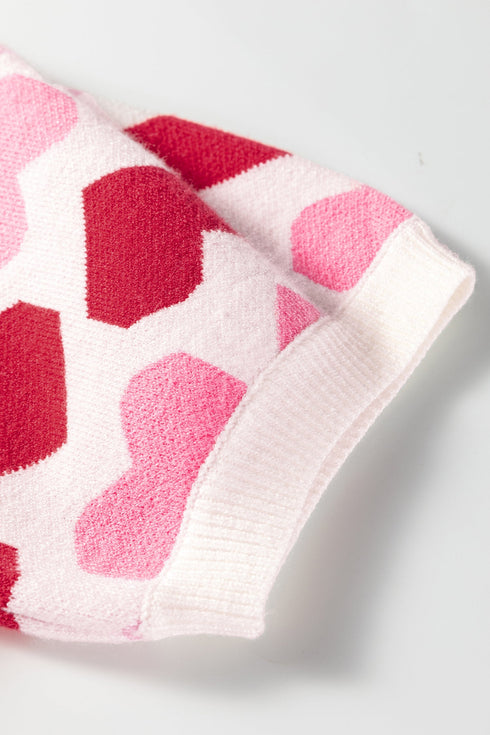 Heart Motif Short Sleeve Ribbed Knit Sweater