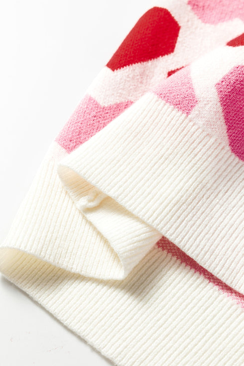 Heart Motif Short Sleeve Ribbed Knit Sweater