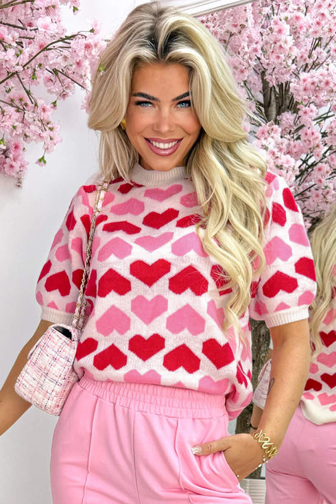 Heart Motif Short Sleeve Ribbed Knit Sweater