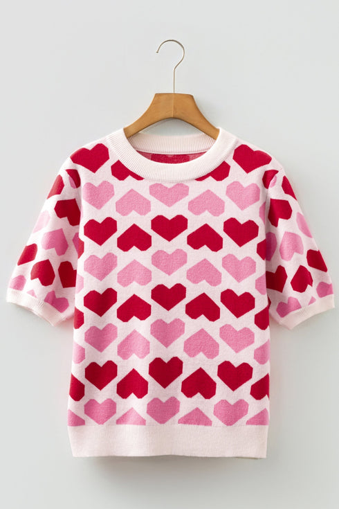 Heart Motif Short Sleeve Ribbed Knit Sweater