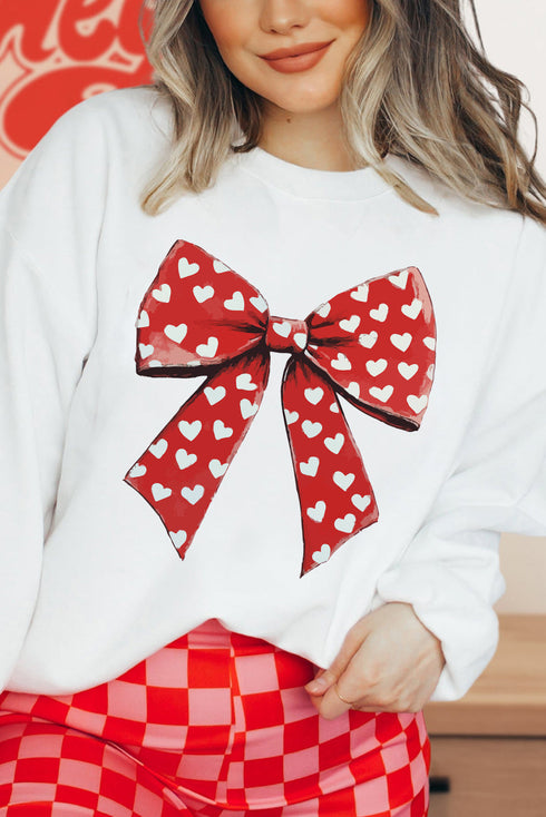 Heart Pattern Bow Graphic Corded Crew Neck Sweatshirt