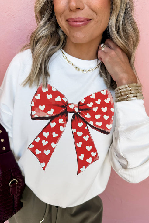 Heart Pattern Bow Graphic Corded Crew Neck Sweatshirt