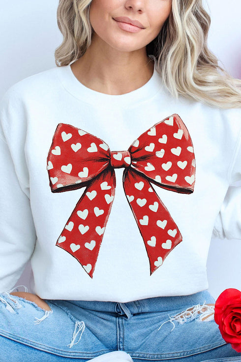Heart Pattern Bow Graphic Corded Crew Neck Sweatshirt