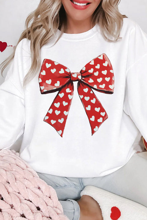 Heart Pattern Bow Graphic Corded Crew Neck Sweatshirt