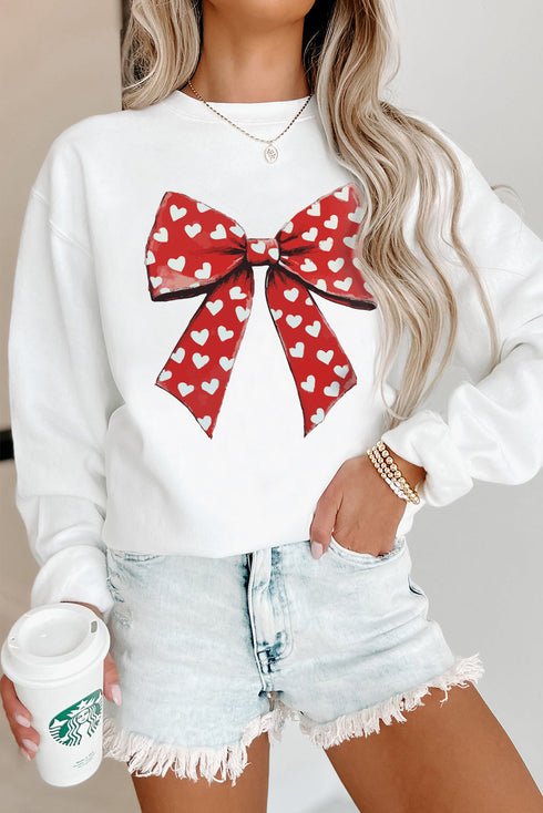 Heart Pattern Bow Graphic Corded Crew Neck Sweatshirt