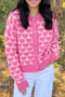 Heart Pattern Drop Shoulder Long Sleeve Button Front Cardigan