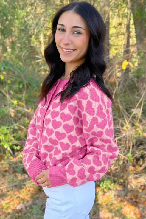 Heart Pattern Drop Shoulder Long Sleeve Button Front Cardigan