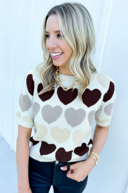 Heart Pattern Short Sleeve Crew Neck Sweater