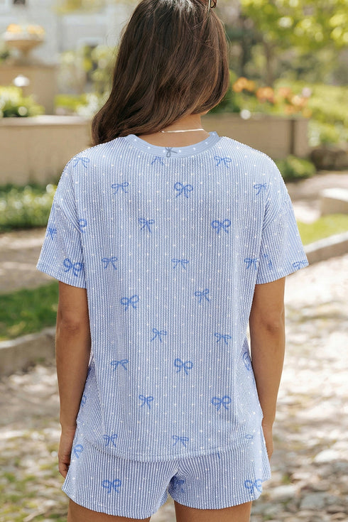 Heart Print Bow Detail Corded Twisted Rib Short Set