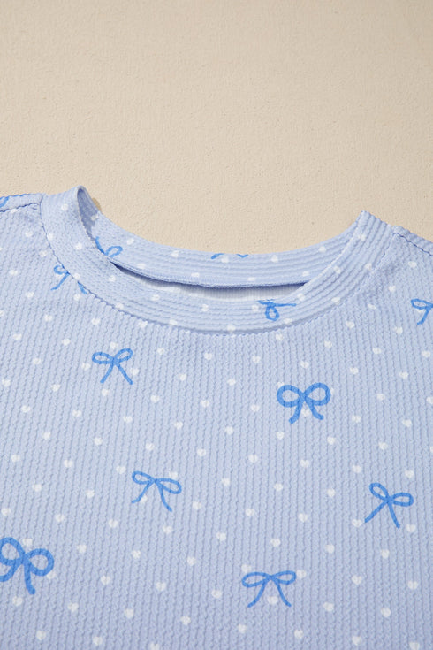 Heart Print Bow Detail Corded Twisted Rib Short Set