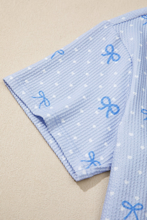 Heart Print Bow Detail Corded Twisted Rib Short Set