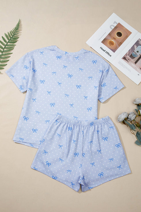 Heart Print Bow Detail Corded Twisted Rib Short Set