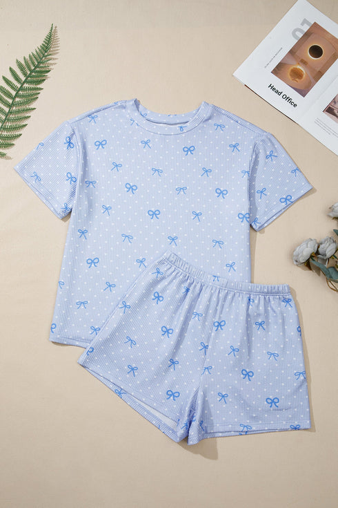 Heart Print Bow Detail Corded Twisted Rib Short Set