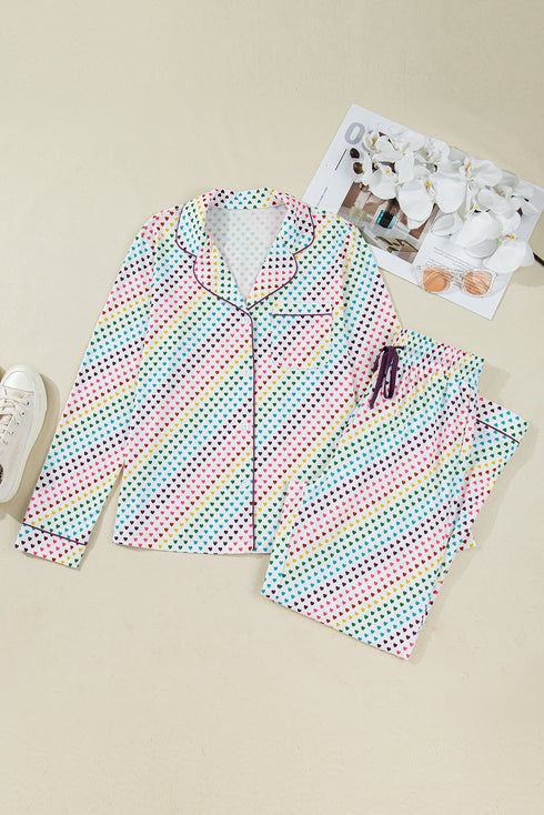 Heart Print Button Down Long Sleeve Pajama Set